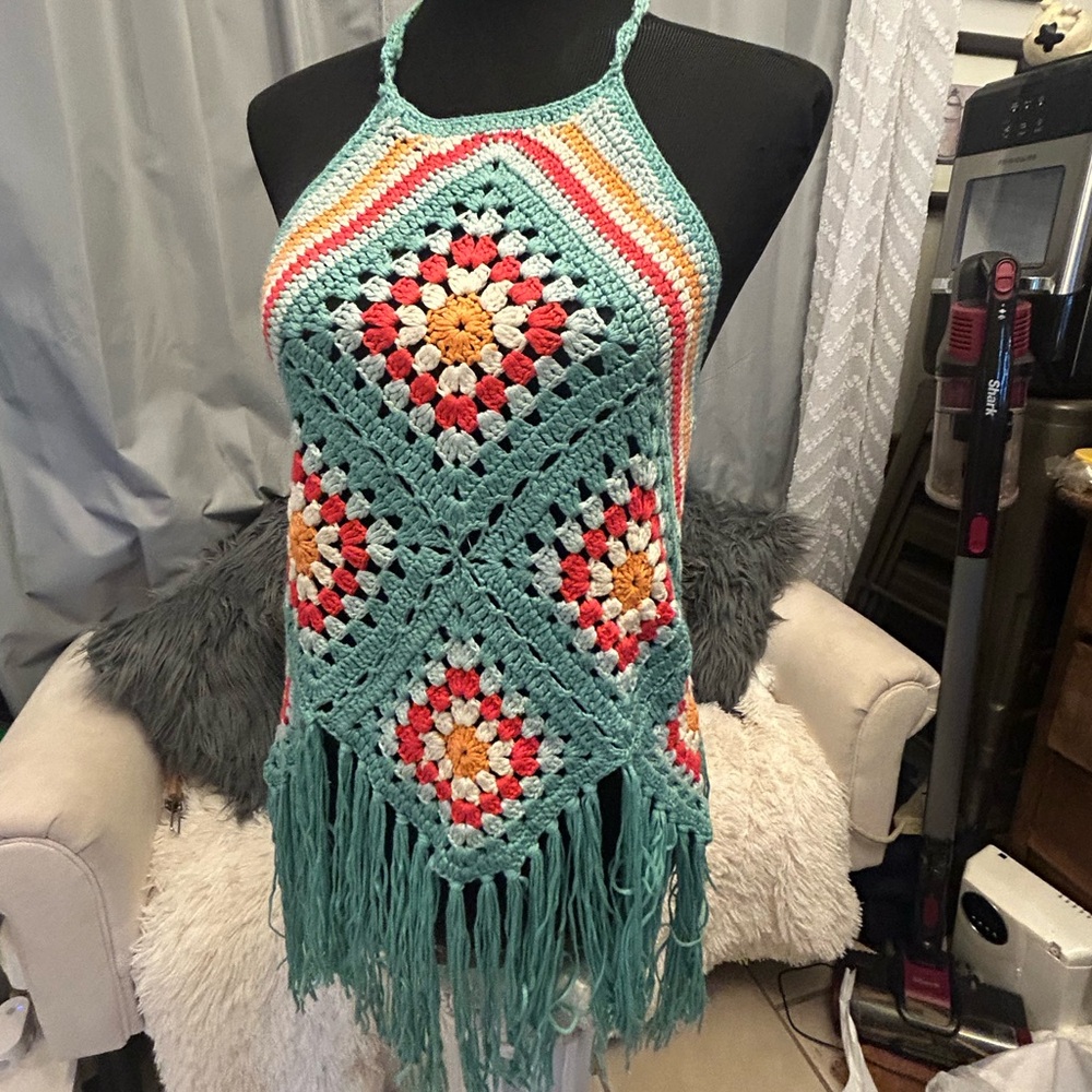 Rock & Roll Denim Women's Crochet Fringe Halter Top M 153 - Picture 3 of 6